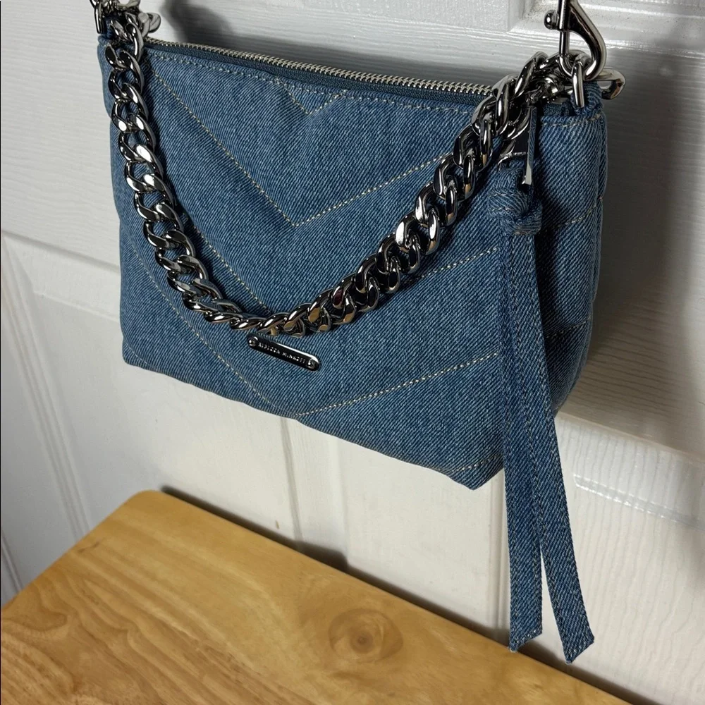 NEW REBECCA MINKOFF Edie Crossbody Quilted Denim heavy chain strap shoulder bag - Picture 3 of 11